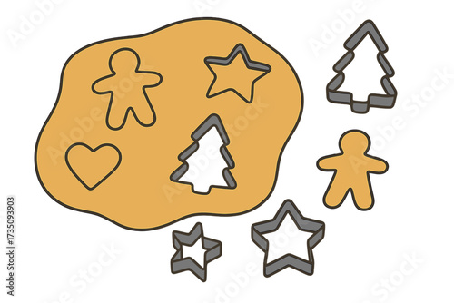 Christmas baking process. Making gingerbread cookies with cutters. Dough with shapes of a man, tree, star, and heart. Holiday food preparation. Isolated vector illustration.