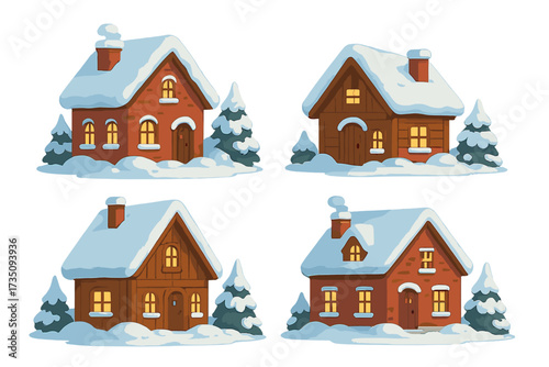 Winter houses set. Vector collection of cozy cartoon brick and wooden cottages with snow. Christmas village buildings for holiday design. Snowy countryside landscape constructor.