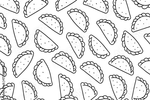 Empanada seamless doodle pattern. Linear simple hand drawn vector sketch. Latin American food background. Black and white outline illustration for menu, textile or packaging.