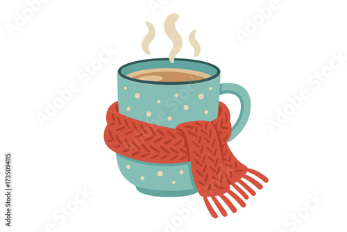 Hot drink in winter mug with red knitted scarf. Cozy concept for cafe, tea drinking, or cafeteria. Warm coffee or chocolate beverage. Flat vector illustration for hygge season.