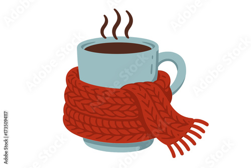 Hot drink in winter mug with warm red knitted scarf. Cafe, tea house, cafeteria concept. Cozy seasonal beverage like coffee, cocoa, or hot chocolate. Vector illustration.