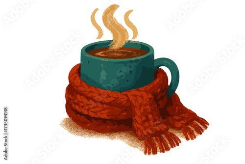Hot drink in a winter mug wrapped in a warm red knitted scarf. Digital painting for a cafe or tea house. Cozy seasonal illustration of coffee, cocoa, or tea with steam.