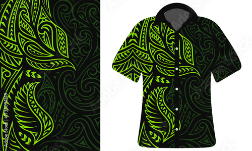 Green Tribal Shirt with Polynesian Tattoo Motif, Polynesian, Samoan, Island, ethnic traditional cultural dress design vector template, ethnic people shirt. Traditional sport fashion, unique jersey 