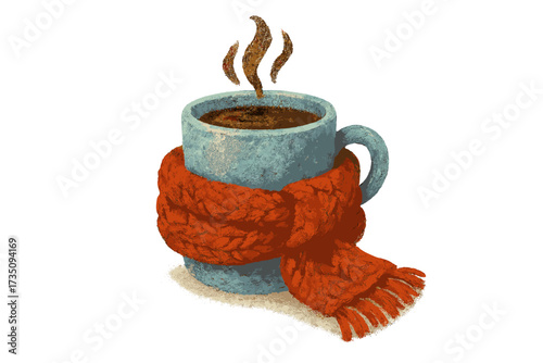 Hot drink in a winter mug wrapped in a warm red knitted scarf. Digital painting for cafe, tea drinking or cafeteria. Concept of cozy winter season, comfort, warmth and hygge.