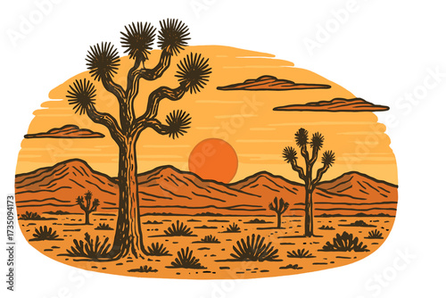 Joshua tree in Desert National park print design. Sunset evening landscape. Hand drawn linear retro vector illustration. California travel, USA nature cartoon background scene.