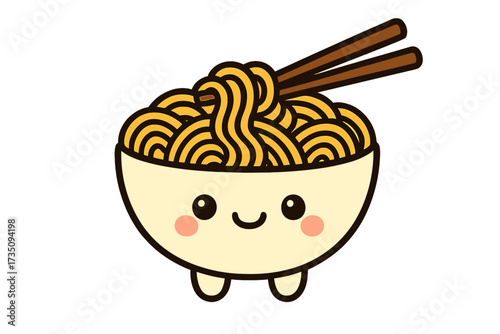 Kawaii mascot asian noodle character. Cartoon cute ramen noodles bowl with chopsticks. Happy Japanese food concept. Hand drawn vector contour illustration for menu or logo.