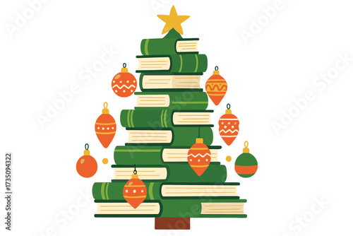 Christmas tree made from a stack of books with a star on top. Concept for book sales, festivals, or reading. Creative design of a decorated fir tree for bookstores. Flat vector.