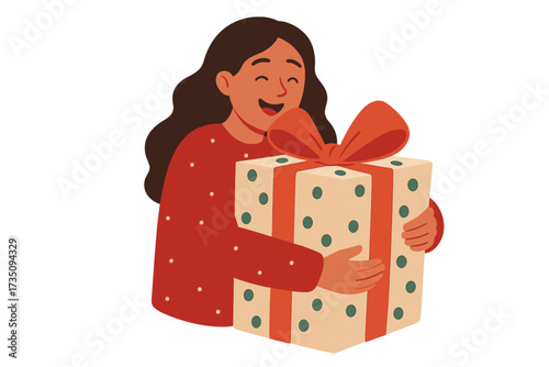 Happy woman hugs a big gift box with a large bow. Christmas gift concept. Holiday celebration, surprise, and joy. Vector flat illustration of a female character.