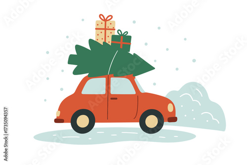 Red car driving with Christmas tree and gifts on roof. Winter holiday travel on snowy road. Xmas preparation concept. Flat vector cartoon illustration for greeting card.
