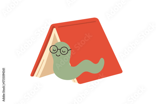 Bookworm character with glasses in a red book tent. Concept for education, reading, learning, literature, bookstore, library. I am a bookaholic. Vector mascot illustration.