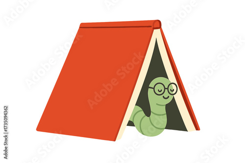 Cute bookworm character with glasses inside a red book tent. Bookaholic and reading lover concept. Education, learning, literature, and knowledge metaphor. Smart animal mascot.