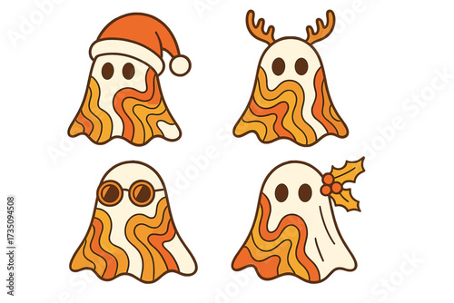Set of retro 70s groovy Christmas ghosts. Cute hippie spook characters with Santa hat, antlers and holly. Psychedelic Xmas vector illustration for T-shirt design.