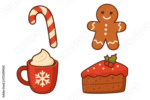 Christmas food icon set. Winter holiday dessert collection. Gingerbread man, candy cane, hot chocolate, cake. Traditional sweet treat. Flat cartoon vector illustration isolated.