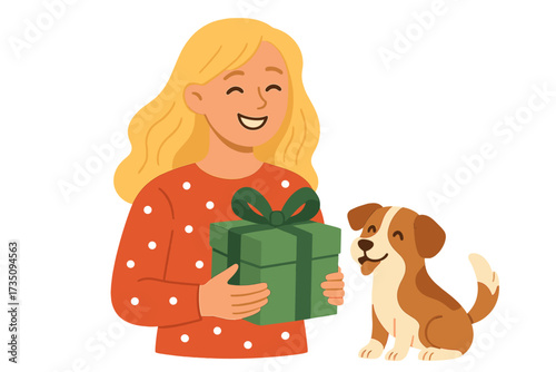 Happy woman with gift box and cute dog. Cheerful girl holding green present for Christmas or birthday. Holiday celebration with pet concept. Friendship, joy, surprise vector.