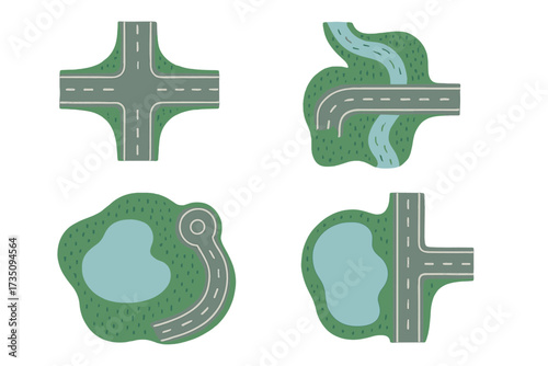 Top view city map creator elements set. Town constructor kit with urban roads, intersection, roundabout, and streets. Landscape illustration with river, park, and lake.