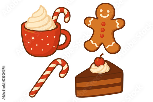 Christmas food icon set. Winter holiday sweet dessert collection. Hot chocolate, gingerbread man, candy cane, cake slice. Vector cartoon flat illustration isolated on white.