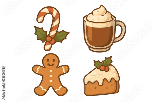 Traditional Christmas treats and winter holiday desserts collection with candy cane, gingerbread cookie, festive cake slice with holly, and creamy coffee cup, cozy New Year vector illustration