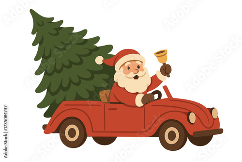 Vintage red cabriolet car with Santa Claus holding bell and large Christmas tree, flat style vector illustration, Merry Christmas festive holiday design, seasonal celebration