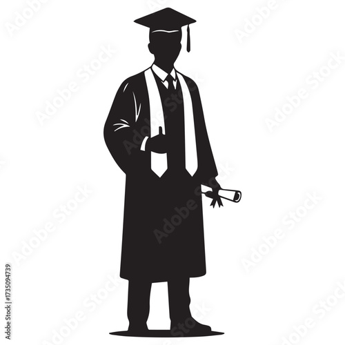 graduate with diploma, Silhouette of a male graduate wearing cap and gown holding diploma, giving thumbs up gesture, isolated on white background