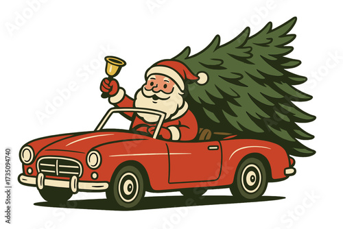 Vintage red cabriolet car with Santa Claus holding bell and carrying large Christmas tree, isolated flat style vector illustration, Merry Christmas holiday celebration design