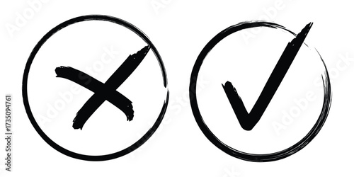 Check mark and Cross mark icon. Hand drown circle grunge Check box icon with right and wrong buttons. Vector illustration. eps 10