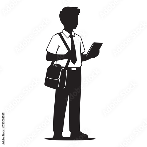 Silhouette of a male student in uniform carrying a shoulder bag