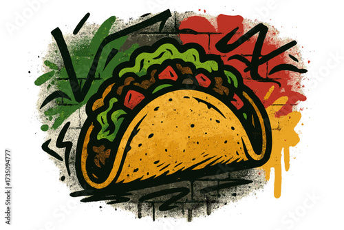 Viva Mexico urban graffiti art with taco illustration, textured street food mural, colorful Mexican cuisine street style vector design, vibrant cultural food cartoon