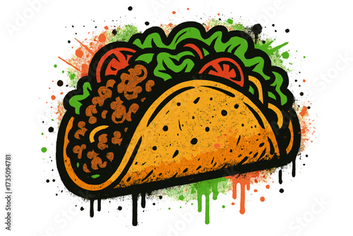 Viva Mexico urban graffiti with taco street art. Colorful textured vector design with crunchy taco, fresh lettuce, tomatoes, and spices. Mexican food culture vibrant illustration.