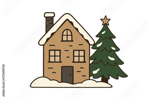 Cozy winter house with snow-covered roof and decorated Christmas tree, festive holiday season illustration, hygge style, happy New Year vector, flat design isolated
