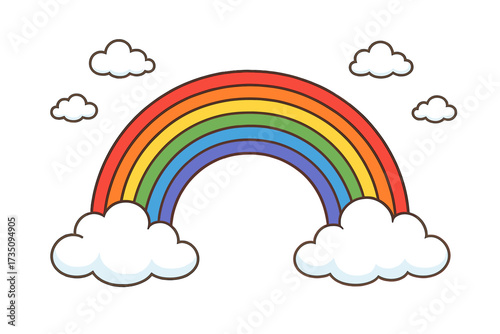 Colorful rainbow arch with fluffy white clouds and light blue sky, vibrant spectrum vector illustration, weather symbol, bright nature background, transparent design
