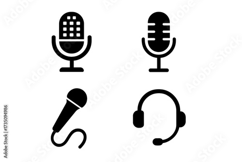 Vector illustration set of vintage and modern microphone icons and headset silhouette with transparent background, audio recording and communication equipment symbols
