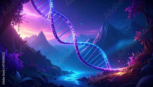 Luminous DNA helix in a magical twilight landscape, symbolizing genetic discovery, science, and nature's mystery with vibrant colors