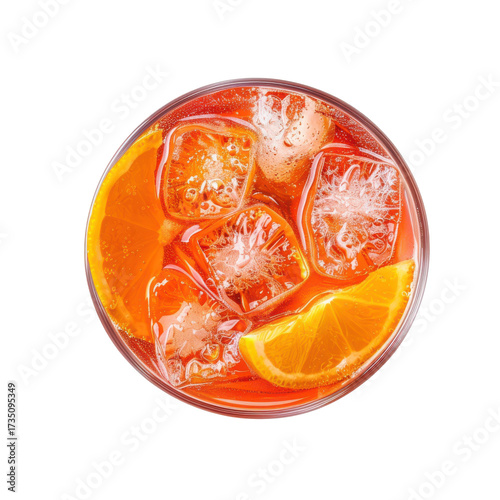 Refreshing aperol spritz cocktail with ice cubes and orange slice, top view isolated on white background