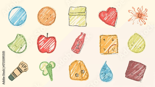 Fifteen colorful simple sketched drawings of various common items. Ideal for educational materials, childrens books, and design projects.