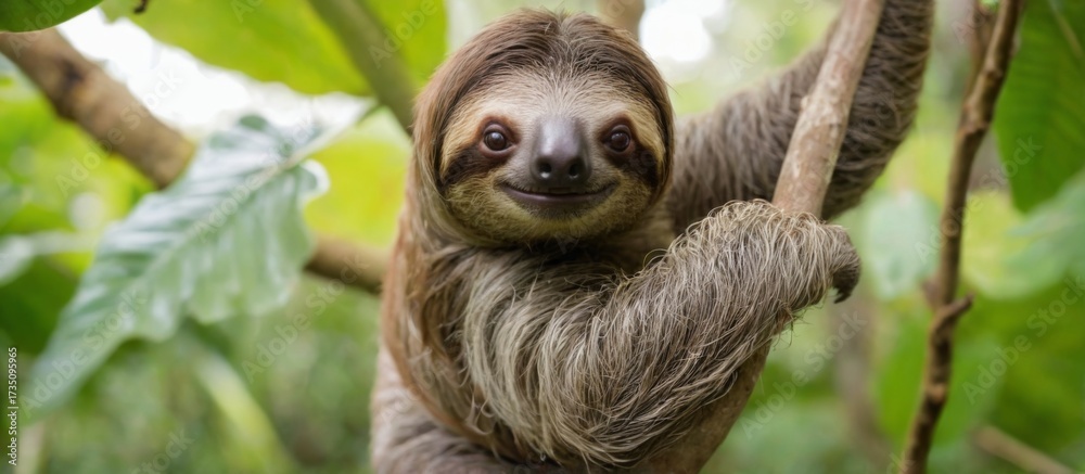 Fototapeta premium Sloth closeup portrait on tree branch in tropical forest habitat, looking curiously at camera with outstretched limbs.