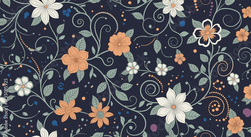A dark navy background with scattered floral and scroll patterns in white orange and blue.
