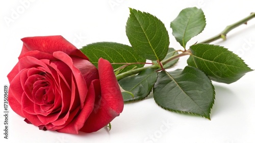 Single red rose flower with green leaf on a white background for love and valentine romance
