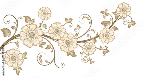 Delicate beige flowers on a branch with swirling vine accents.