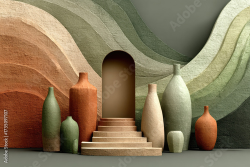 Abstract ceramic vessels : The artistic and aesthetically pleasing still life features a variety of abstract ceramic vessels. The different shapes and sizes.