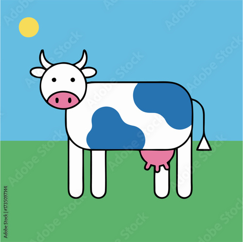 Whimsical Illustration of a Cartoon Cow Grazing in a Vibrant Field Under a Sunny Sky