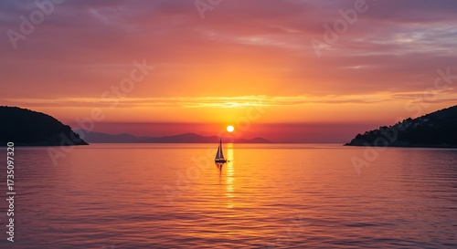 Sailboat silhouette against a vibrant sunset sky over calm ocean waters