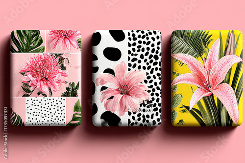 Floral Pattern Box: A trio of artistically designed boxes bursts forth with vibrant, modern floral designs, showcasing a contemporary aesthetic.