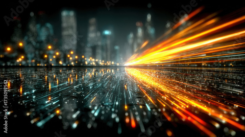Night City Lights: An abstract cityscape comes alive at night, where streams of lights blur into dynamic streaks of energy that cut through the darkness. The water mirrors the skyline.