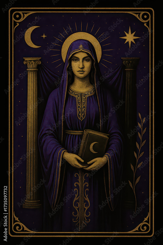 Naklejka premium Image depicts mystical woman in purple robe holding book with crescent moon, standing between two columns. background features celestial symbols, evoking sense of mystery and wisdom