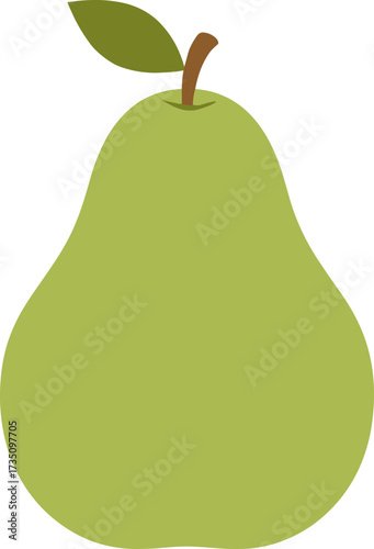 Simple Flat Style Green Pear with Stem and Leaf Illustration