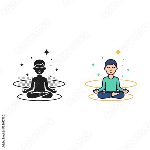 Peaceful man meditating in lotus position with glowing aura and stars symbolizing tranquility and wellness