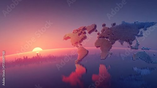 Global Horizon: A captivating world map sculpture bathed in the radiant hues of a vibrant sunrise, representing a world united under the promise of a new dawn.