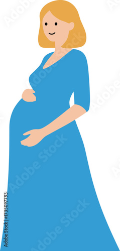 Flat Cartoon Illustration of a Pregnant Woman in a Blue Dress