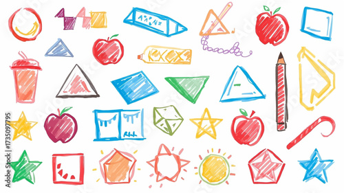 Displays colorful sketches ideal for adding creativity to educational materials, presentations, or design projects with various shapes and objects.