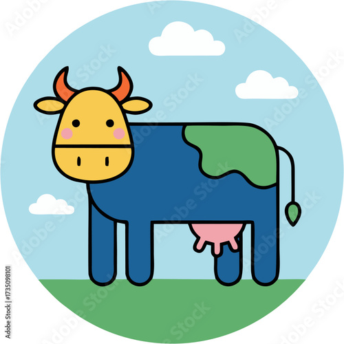 Cute blue cow illustration with udder, standing in a field under a cloudy sky